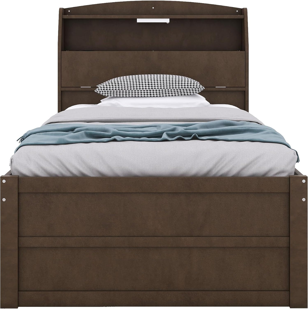 Multi-Function Twin Size Platform Bed with Trundle and 3 Drawers, Wood Captain Platform Bed Frame with Storage Headboard and Night Light, Maximized Space, Brown-d1