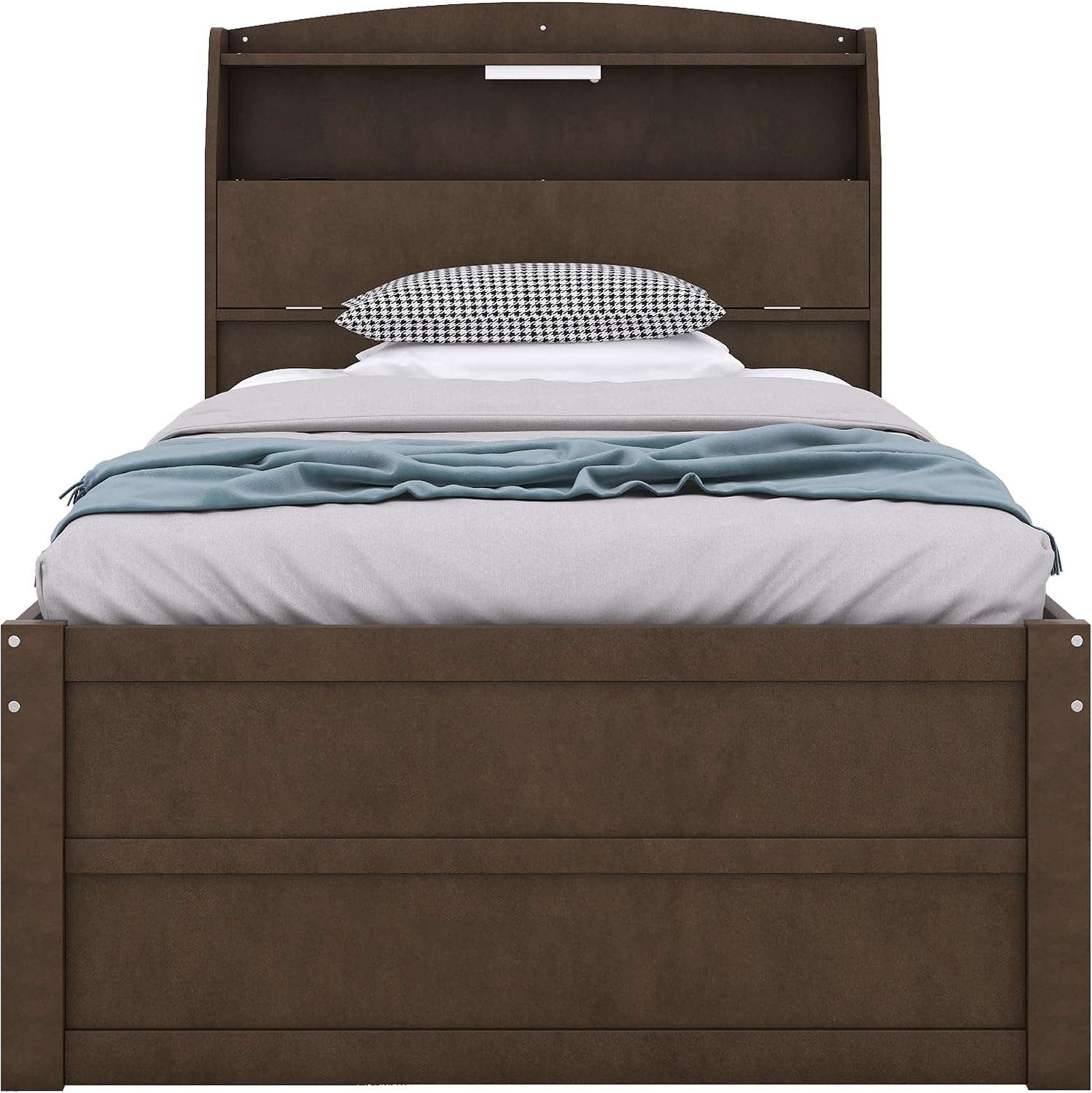 Multi-Function Twin Size Platform Bed with Trundle and 3 Drawers, Wood Captain Platform Bed Frame with Storage Headboard and Night Light, Maximized Space, Brown-d1