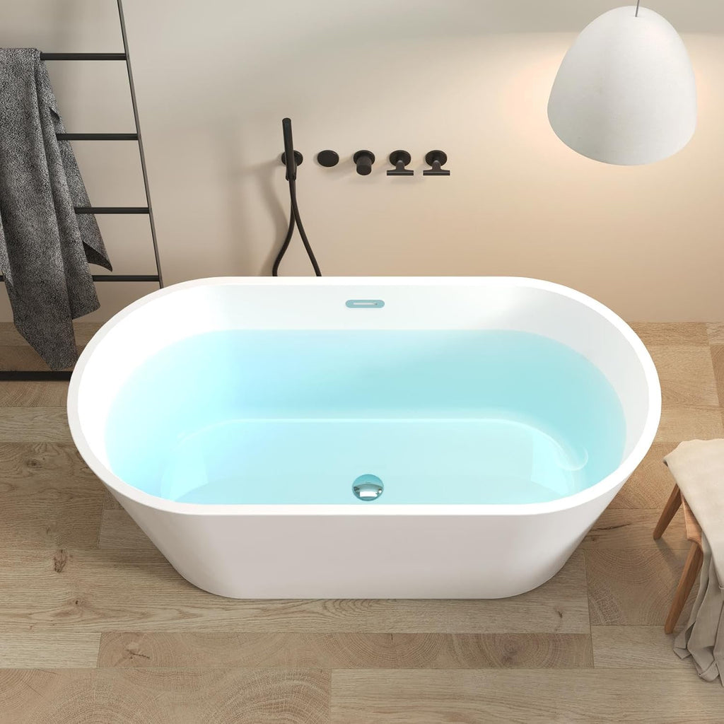 FerdY 59' Shangri-La Elite, Acrylic Freestanding Bathtub, Modern & Contemporary Design Soaking Tub with Chrome Pop-Up Drain and Minimalist Design Overflow, Glossy White, cUPC Certified