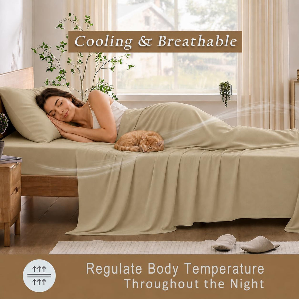 TOSMO Luxury Cooling Sheet Set | 100% Viscose from Organically Grown Bamboo | FSC® Certified | Queen Size | 18' Deep Pockets | Silky Soft Natural Bedding for Hot Sleeper [Dune]