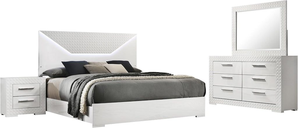 Coaster Home Furnishings Ives Contemporary 4-Piece Bedroom Set Queen Size LED Panel Bed Frame 57-inch Headboard White High Gloss 224941Q-S4