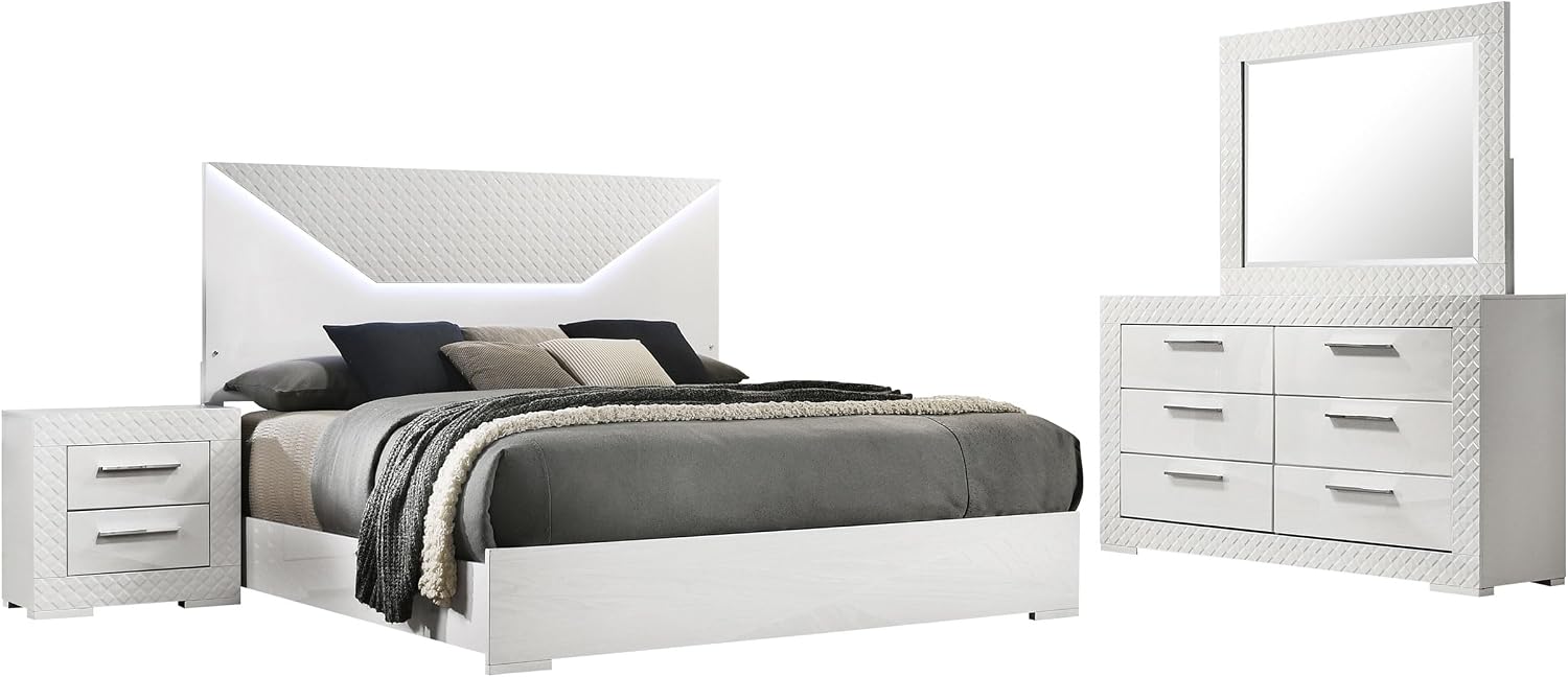 Coaster Home Furnishings Ives Contemporary 4-Piece Bedroom Set Queen Size LED Panel Bed Frame 57-inch Headboard White High Gloss 224941Q-S4