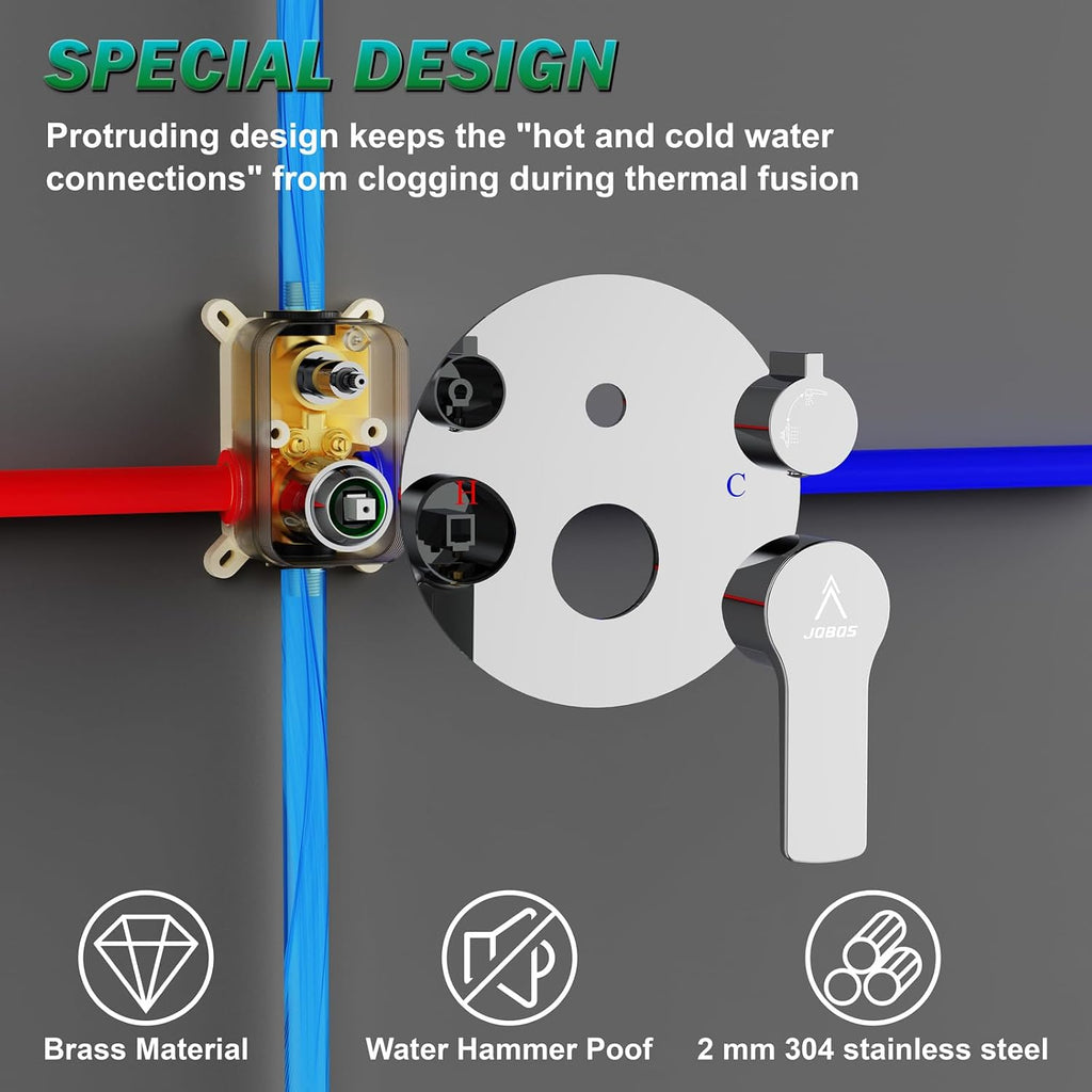 Shower Faucet Set 8IN Brass Rough-In Valve Body Trim Kit Rainfall Included Handle Accessories Complete 2 Functions with Rain Head and Handheld Bathroom Systems (8'', Chrome Polished)