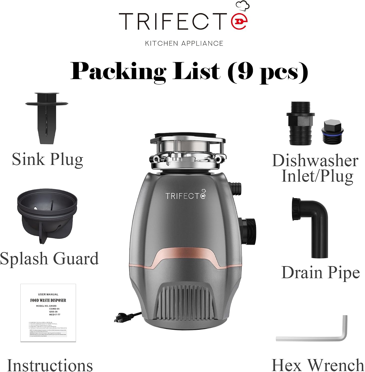 Trifecte Pro 3/4 HP Garbage Disposals with Sound Reduction,Food Waste Coutinuous Feed Garbage Disposal with Power Cord, Dishwasher Hook Up