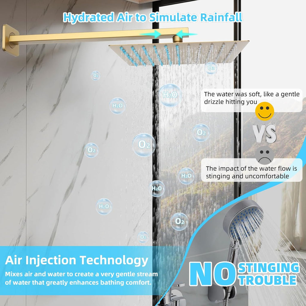 Bathroom Shower Faucet Set，12 Inch Rain Shower Head with Handheld Spray，Brass Shower Valve Trim Kit，Wall Mounted Square Rain Shower System (Brushed Gold)