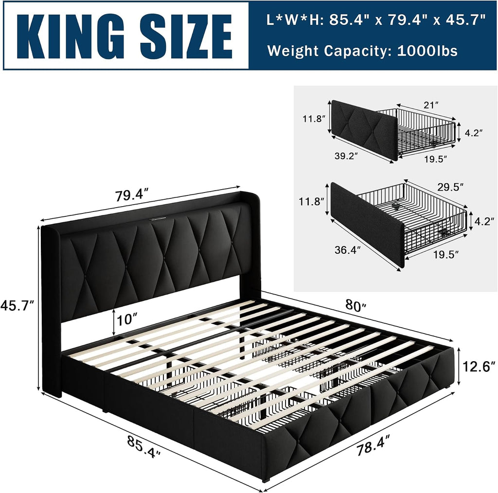 GalnFu King Bed Frame with 4 Storage Drawers, Upholstered Platform Bed with Charging Station, Modern Wingback Storage Headboard, Easy Assembly,Noise-Free, Black