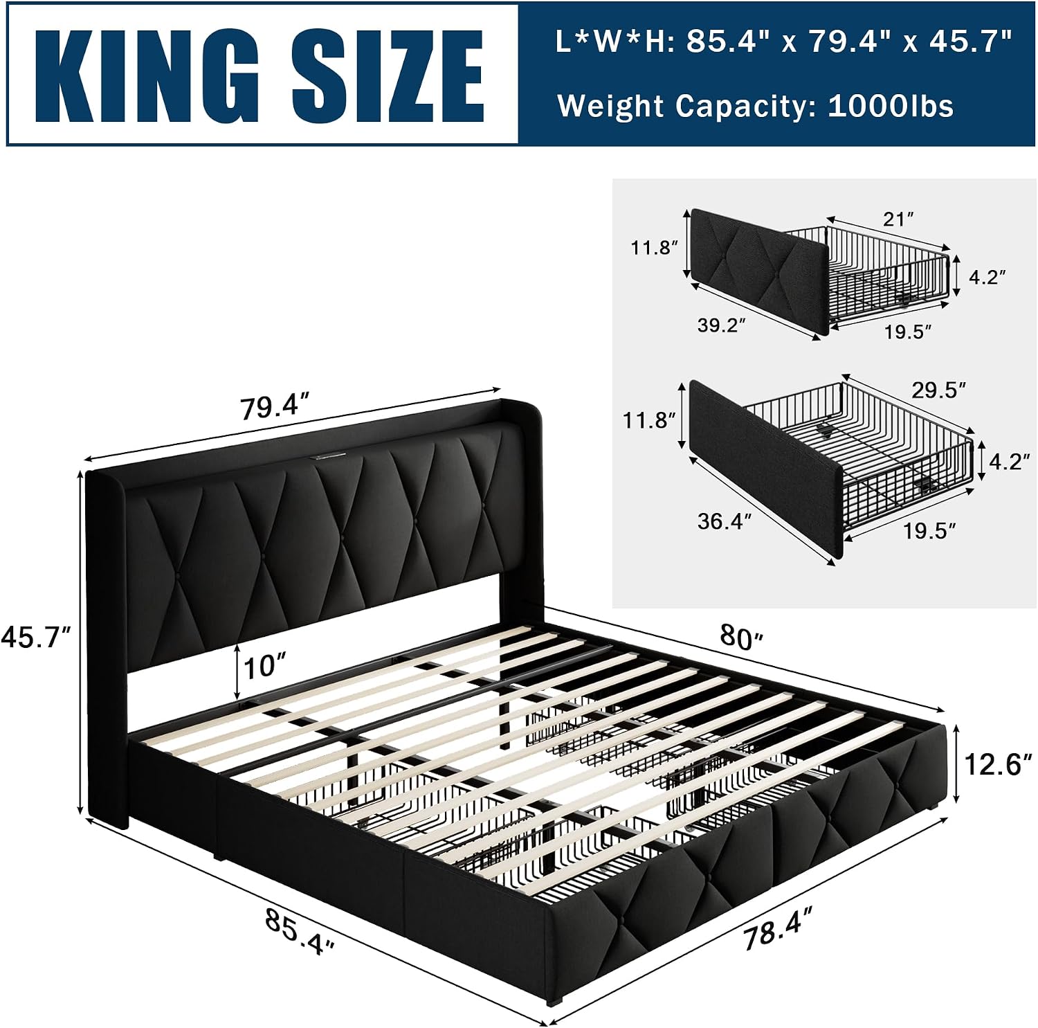 GalnFu King Bed Frame with 4 Storage Drawers, Upholstered Platform Bed with Charging Station, Modern Wingback Storage Headboard, Easy Assembly,Noise-Free, Black