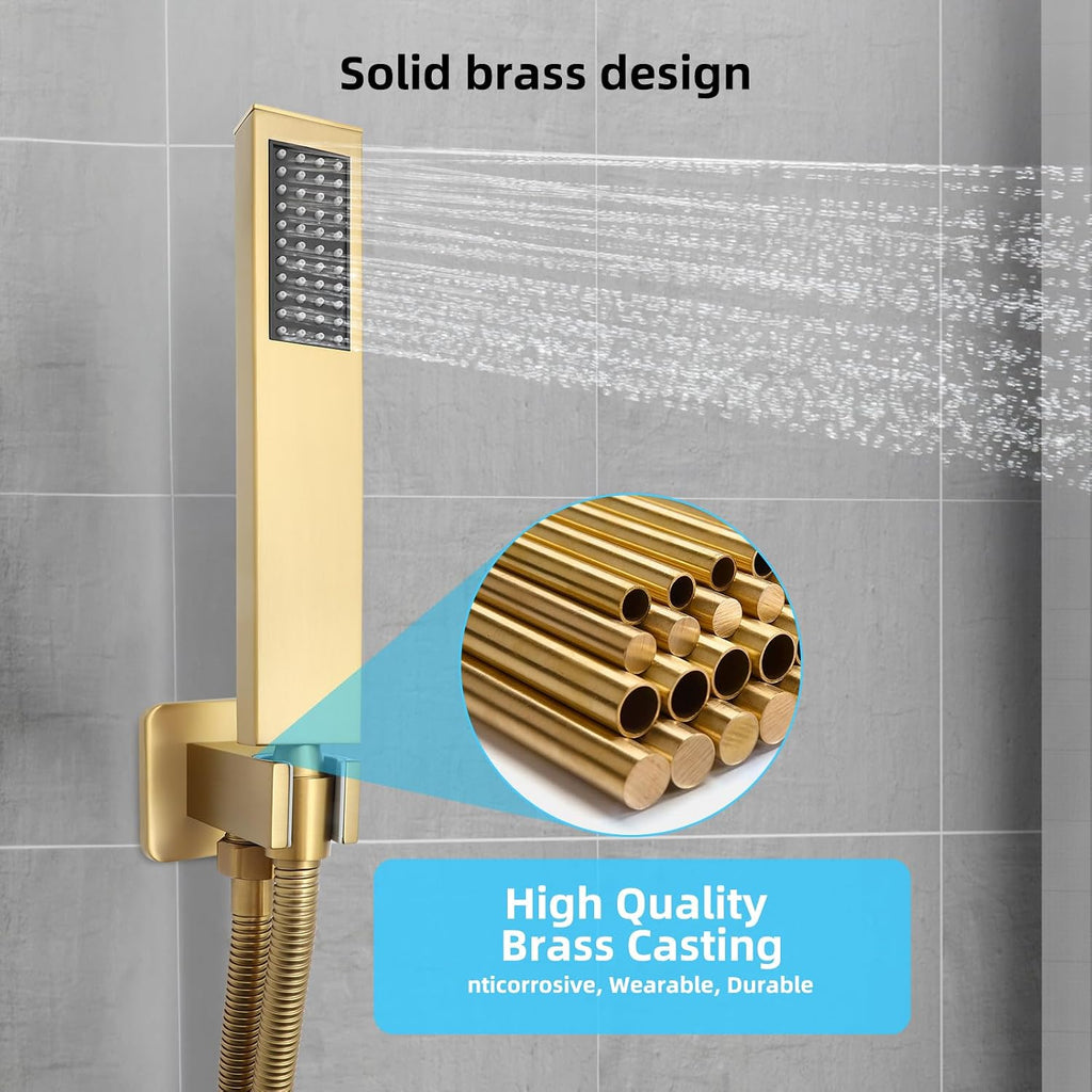 Bathroom Shower Faucet Set，12 Inch Rain Shower Head with Handheld Spray，Brass Shower Valve Trim Kit，Wall Mounted Square Rain Shower System (Brushed Gold)