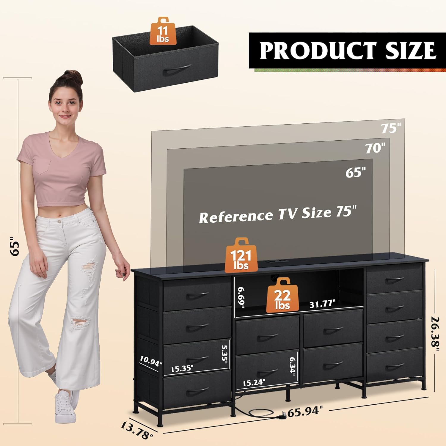 WLIVE 12 Drawer Dresser for Bedroom, Black Dresser TV Stand for 65, 70, 75 inch TV with Led Light & Charging Station, Wide Chest of Drawers with Open Shelves, Fabric Dressers for Closet, Living Room