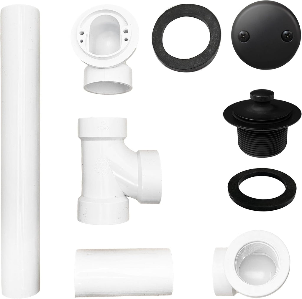 Westbrass D4972-12-62 1-1/2' Bath Waste & Overflow Assembly with Pull Drain Stopper and Two-Hole Faceplate Top Elbow - SCH. 40 PVC, Matte Black (12-Pack)