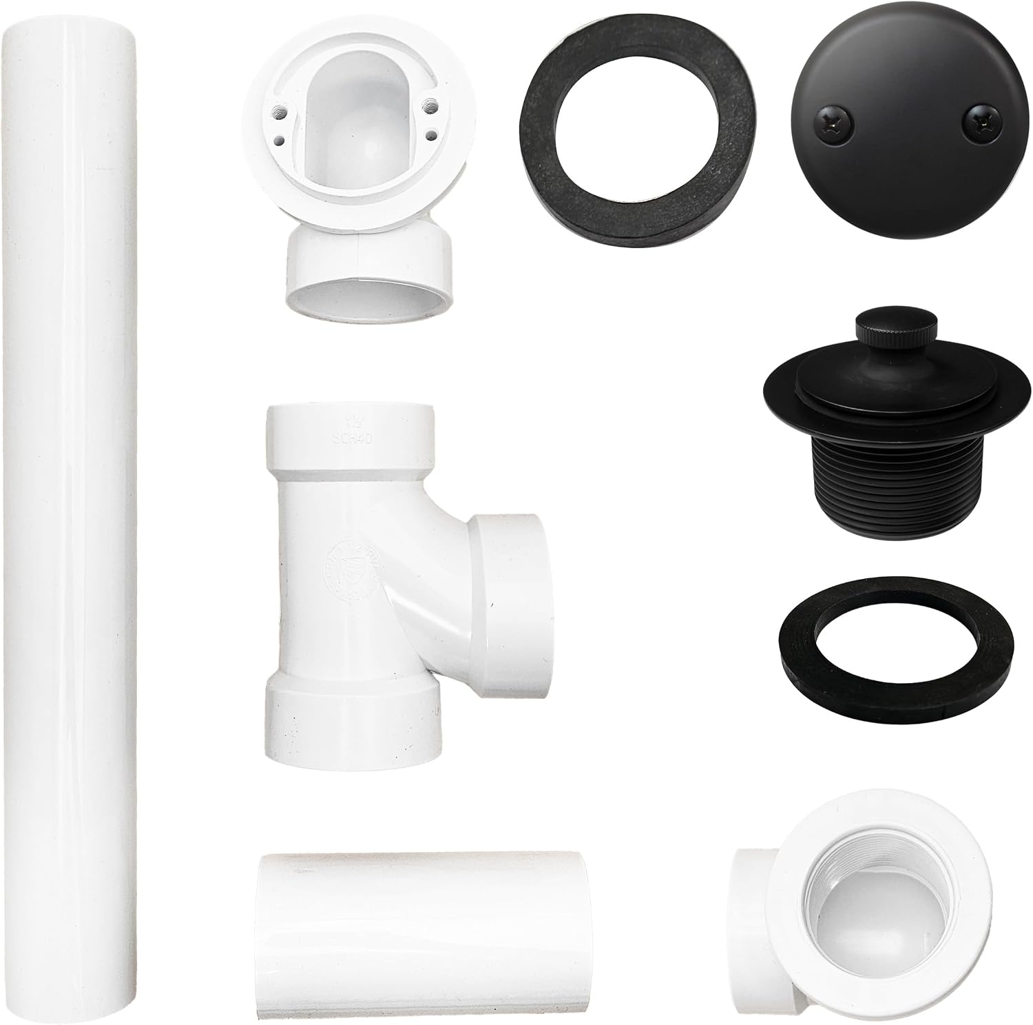 Westbrass D4972-12-62 1-1/2' Bath Waste & Overflow Assembly with Pull Drain Stopper and Two-Hole Faceplate Top Elbow - SCH. 40 PVC, Matte Black (12-Pack)