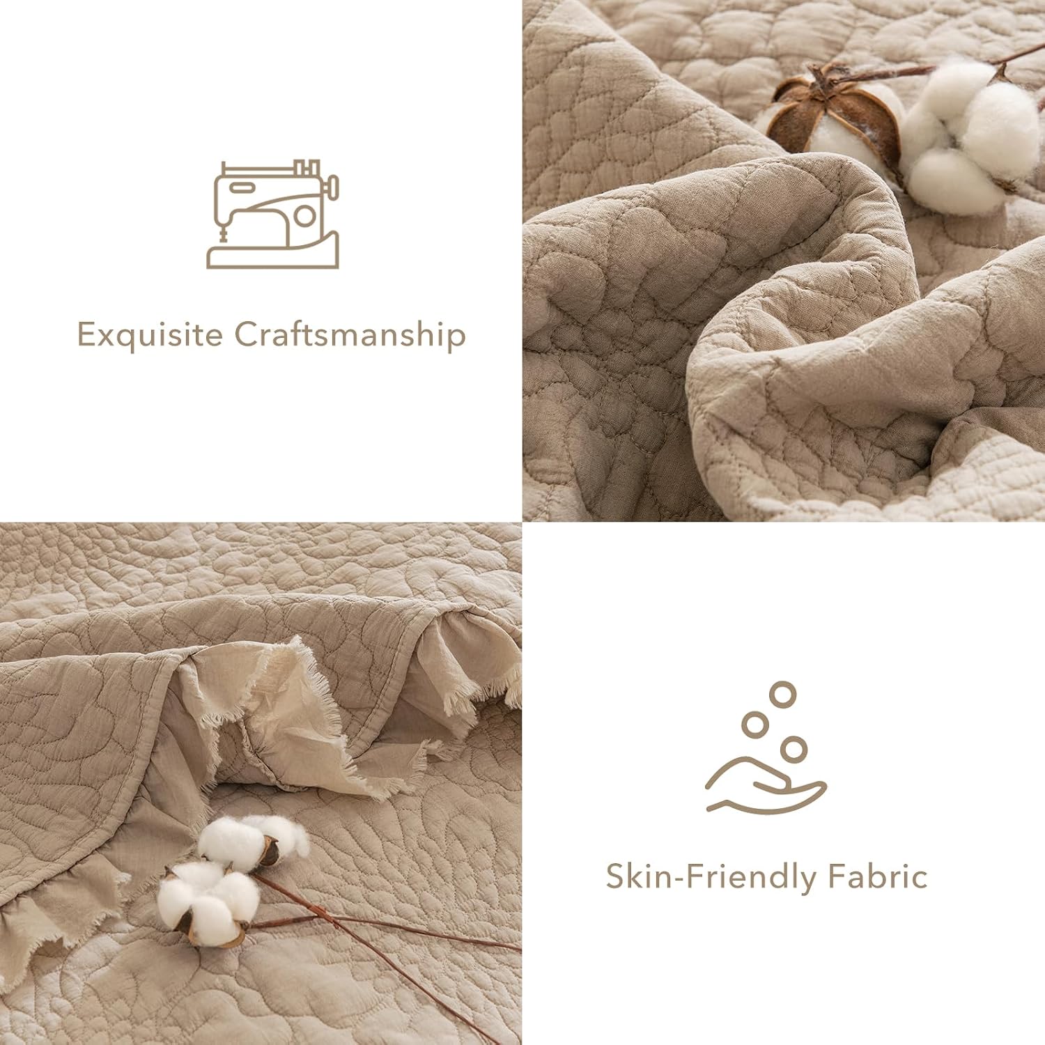 QSH 3PCs Stonewashed Cotton Quilt King (110'x98'), Dark Wheat Ruffled Quilt King Size Bedding Set,Ultra Lightweight Soft Crinkled Bedspread Coverlet King Shabby Farmhouse Chic Bedding for All Seasons