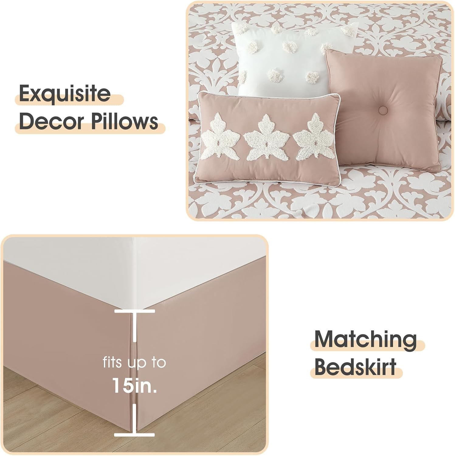 LANCO MODERN LIFESTYLE 7 Pieces Comforter Set, Queen, Blush, Jacquard Floral Pattern and Classy Damask Medallion Design, Ultra Soft, Includes Bed Skirt, Shams, and Decorative Pillows