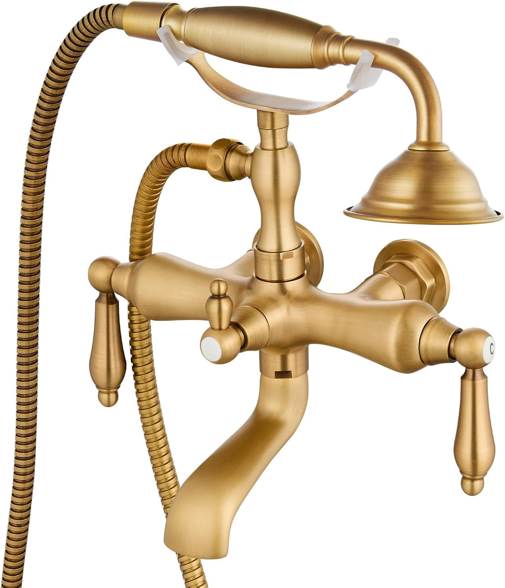 gotonovo 3 3/8 Vintage Bathtub Filler Wall Mount Clawfoot Tub Faucet Shower Kit with Handheld Shower 2-Functions Double Level Handle Modern Telephone Handheld Shower Antique Brass