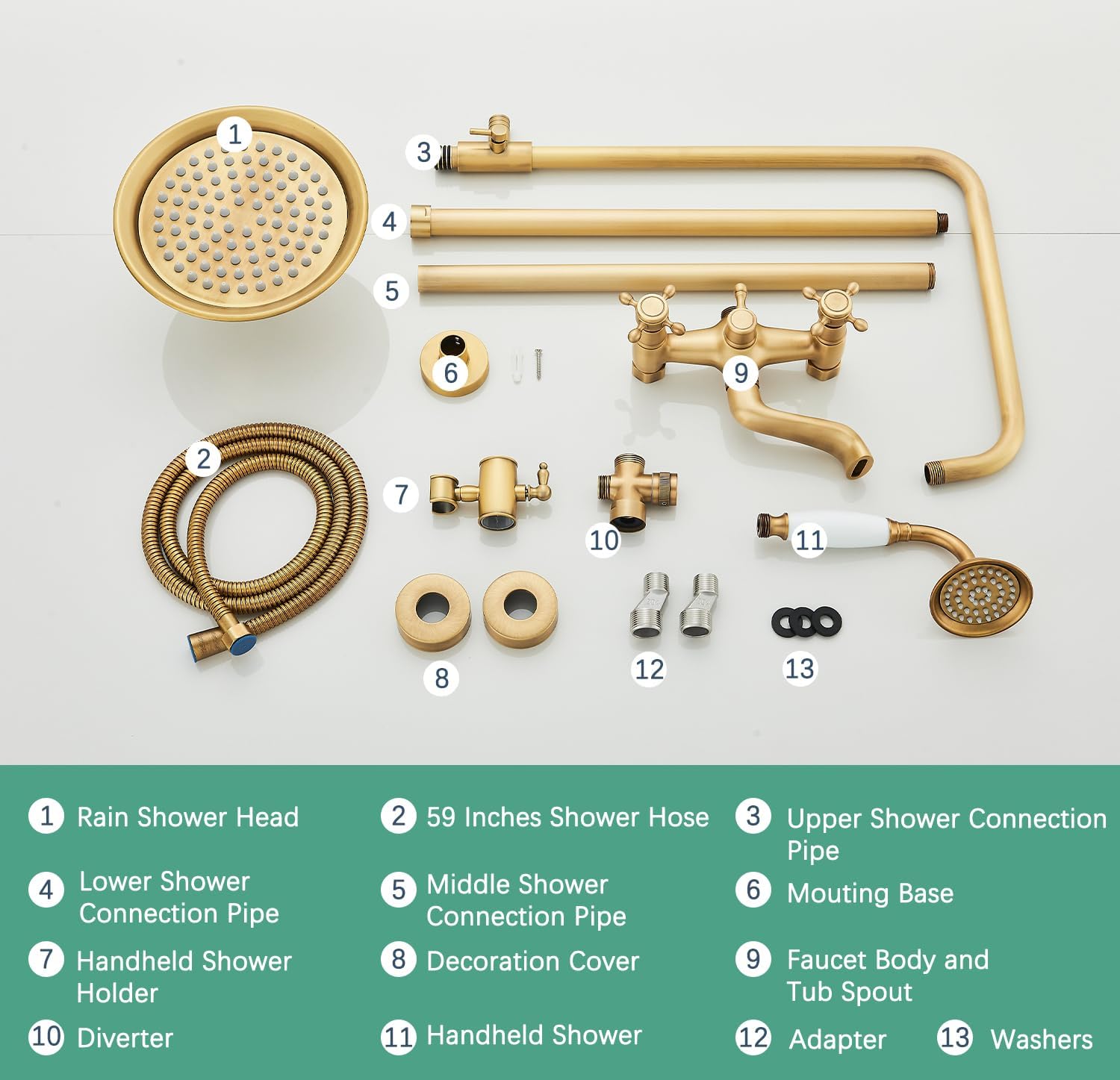 Antique Brass Shower System Bathroom Shower Faucet Set with 8 Inch Shower Head Handheld Spray and 360 ° Rotation Tub Spout 2 Cross Handles Outdoor Shower Fixtures