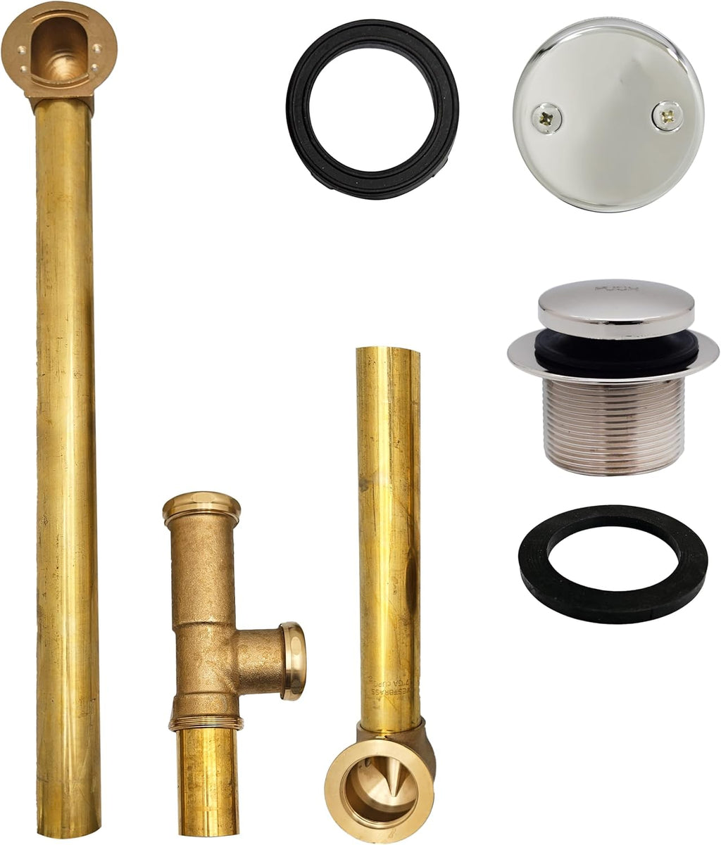 Westbrass D326-05 22-1/2-Inch 17 Gauge Brass Tip-ToeBath Waste and Overlfow with 2 Hole Faceplate, Polished Nickel