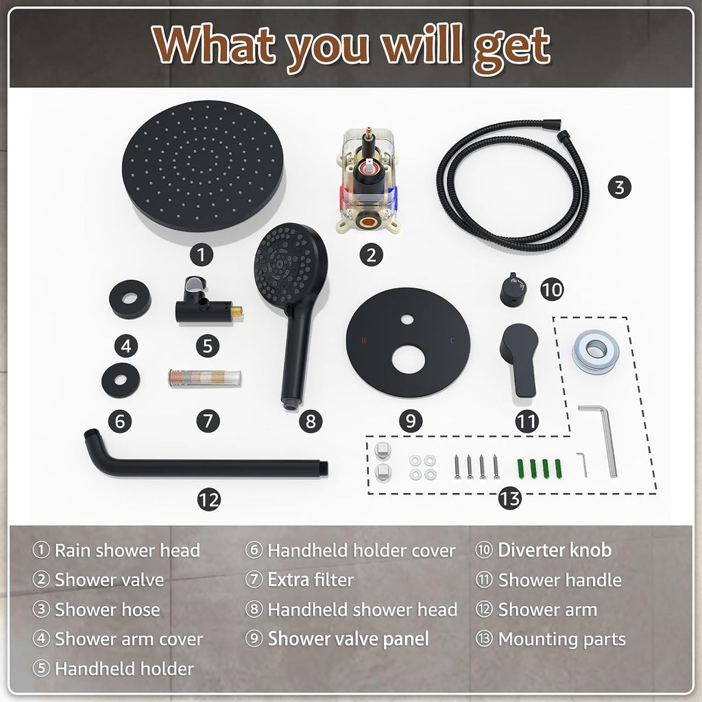 Iriber Mattle Black Round Rain Shower System Faucet Set，Filtered Shower Head with Handheld, Modern Bathroom 9 Spray Mode Showerhead with Filters,Shower Valve Trim Kit Contain Cartridge,10 Inch