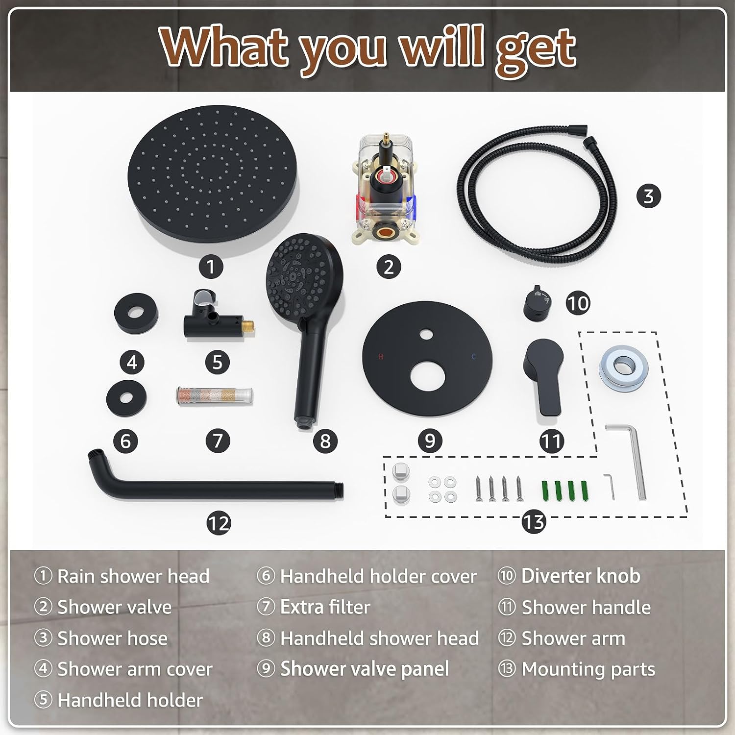 Iriber Mattle Black Round Rain Shower System Faucet Set，Filtered Shower Head with Handheld, Modern Bathroom 9 Spray Mode Showerhead with Filters,Shower Valve Trim Kit Contain Cartridge,10 Inch