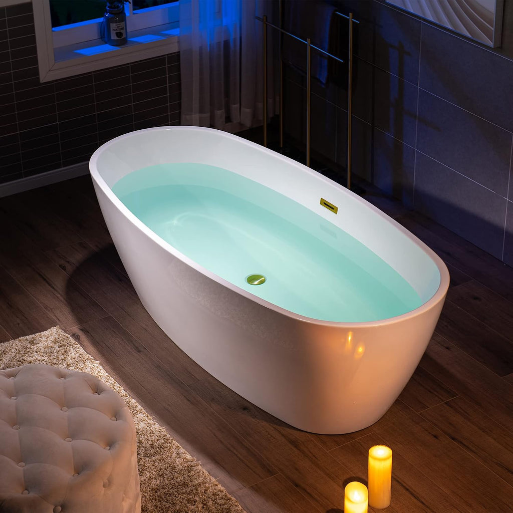 WOODBRIDGE 71' Acrylic Freestanding Bathtub Contemporary Soaking Tub, White Acrylic,Brushed Gold Drain/Overflow