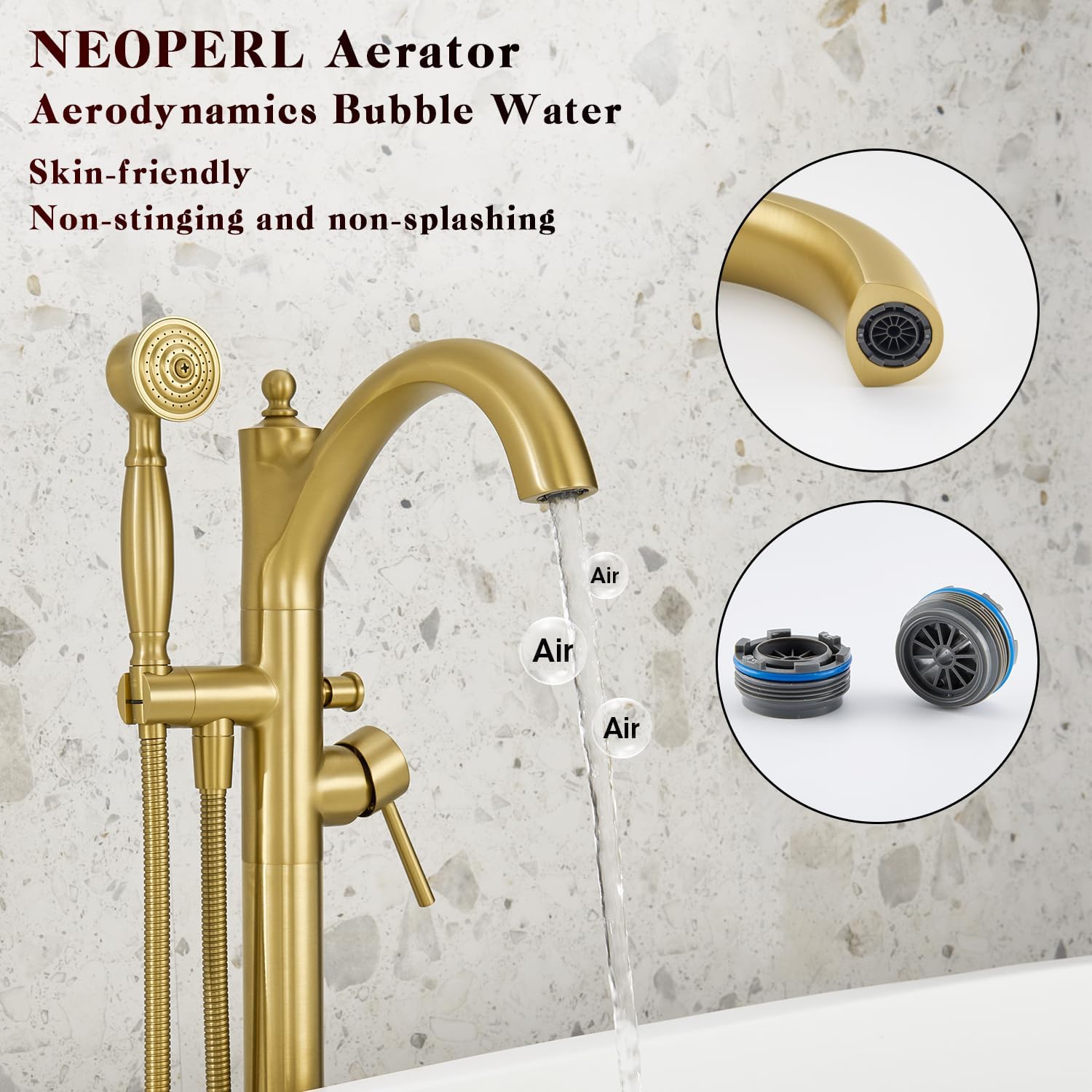 Free Standing Tub Faucet, Brushed Gold Classic Freestanding Bathtub Faucet with Vintage Hand Shower Brass High Flow Rate Floor Mount Tub Filler Swivel Spout Roman Tub Faucet Set (WT-9002BG)