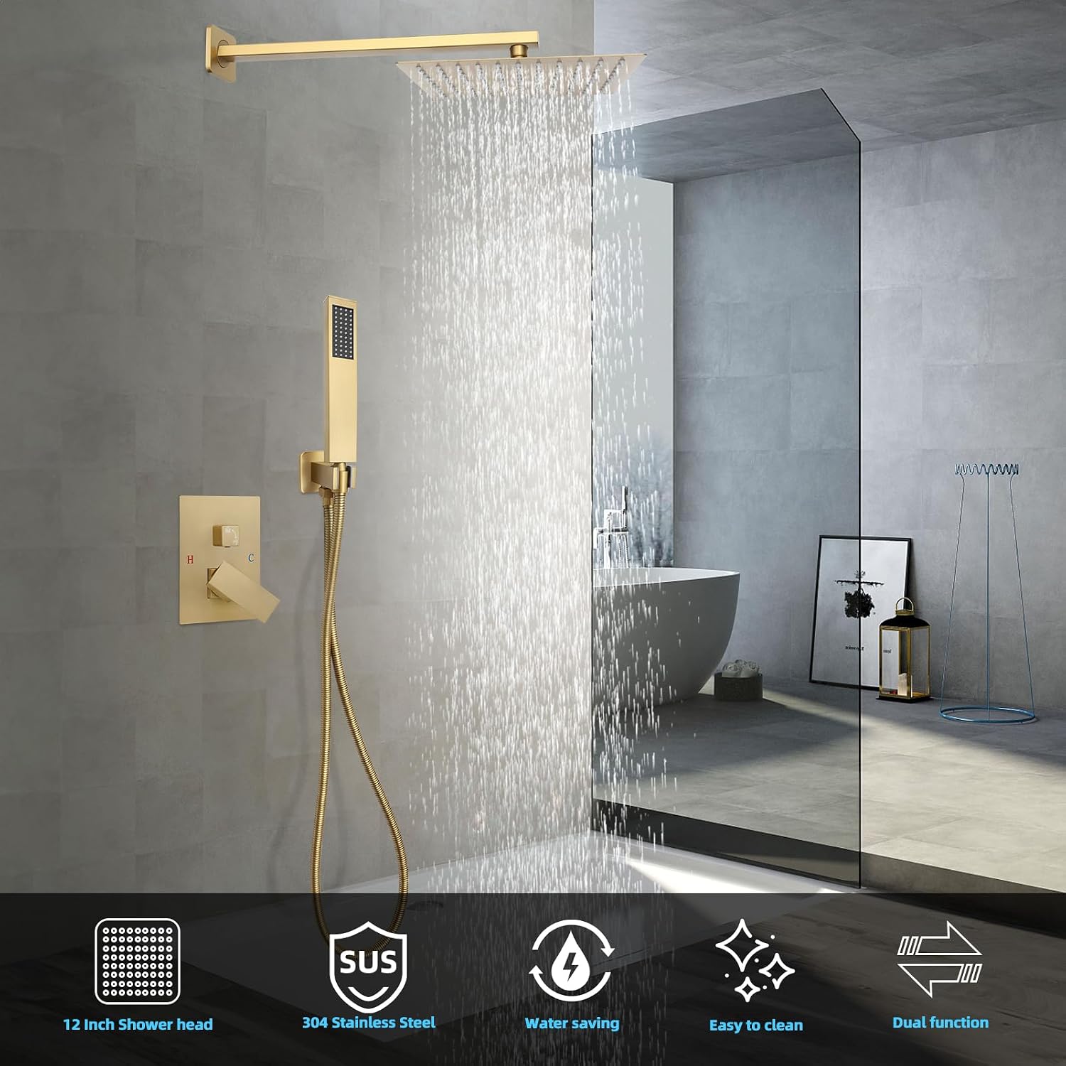 Bathroom Shower Faucet Set，12 Inch Rain Shower Head with Handheld Spray，Brass Shower Valve Trim Kit，Wall Mounted Square Rain Shower System (Brushed Gold)