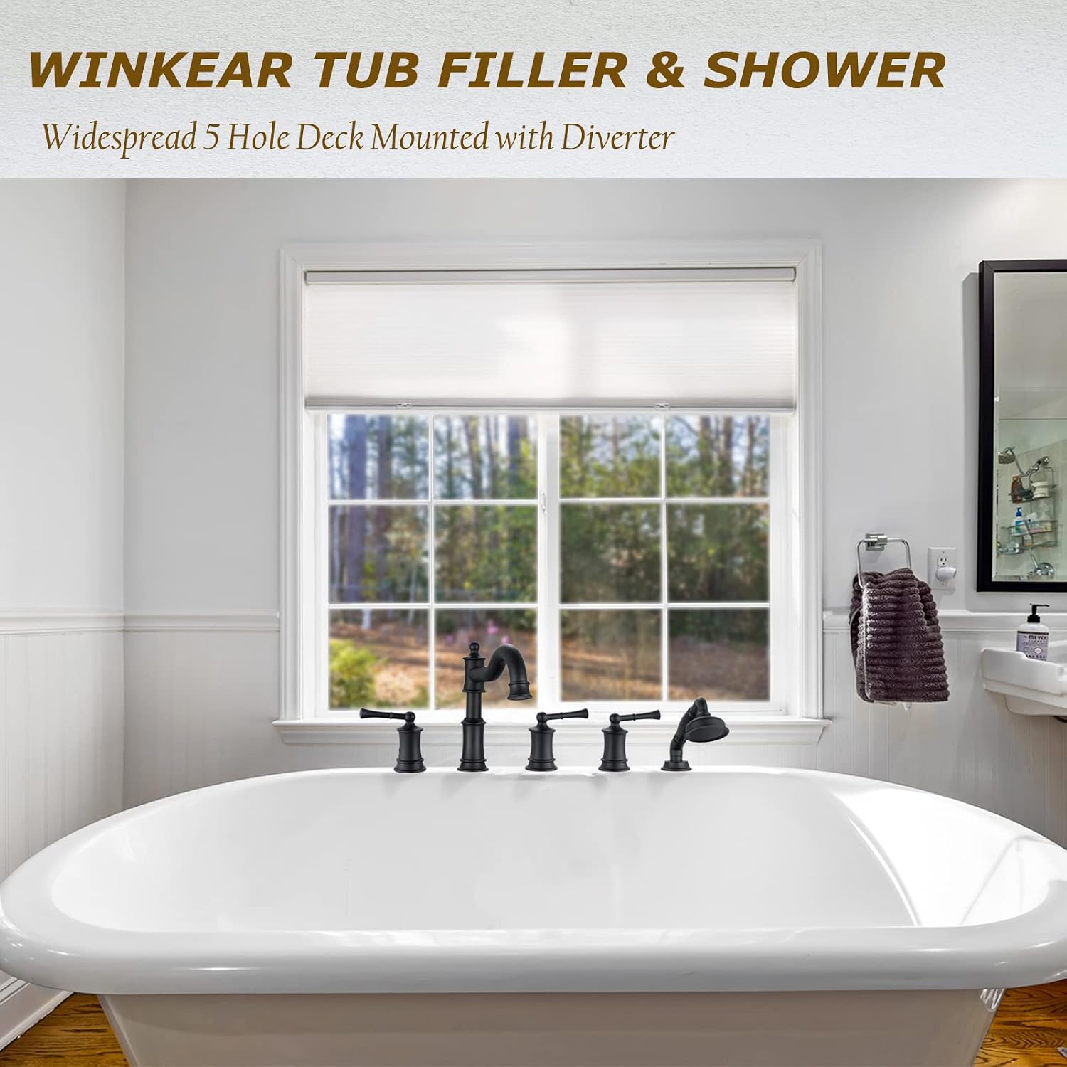 Roman Tub Faucet Set With Handheld Shower 5 Hole Deck Mount Tub Filler With Diverter, 3 Lever Handle Rough-in Valve and Water Supply Lines Included for Bathroom Tub, Matte Black
