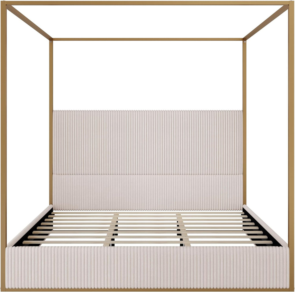 Merax Modern Luxury King Metal Canopy Bed with Tall Upholstered Headboard, Gold Four Poster Bed, No Box Spring Needed, Beige