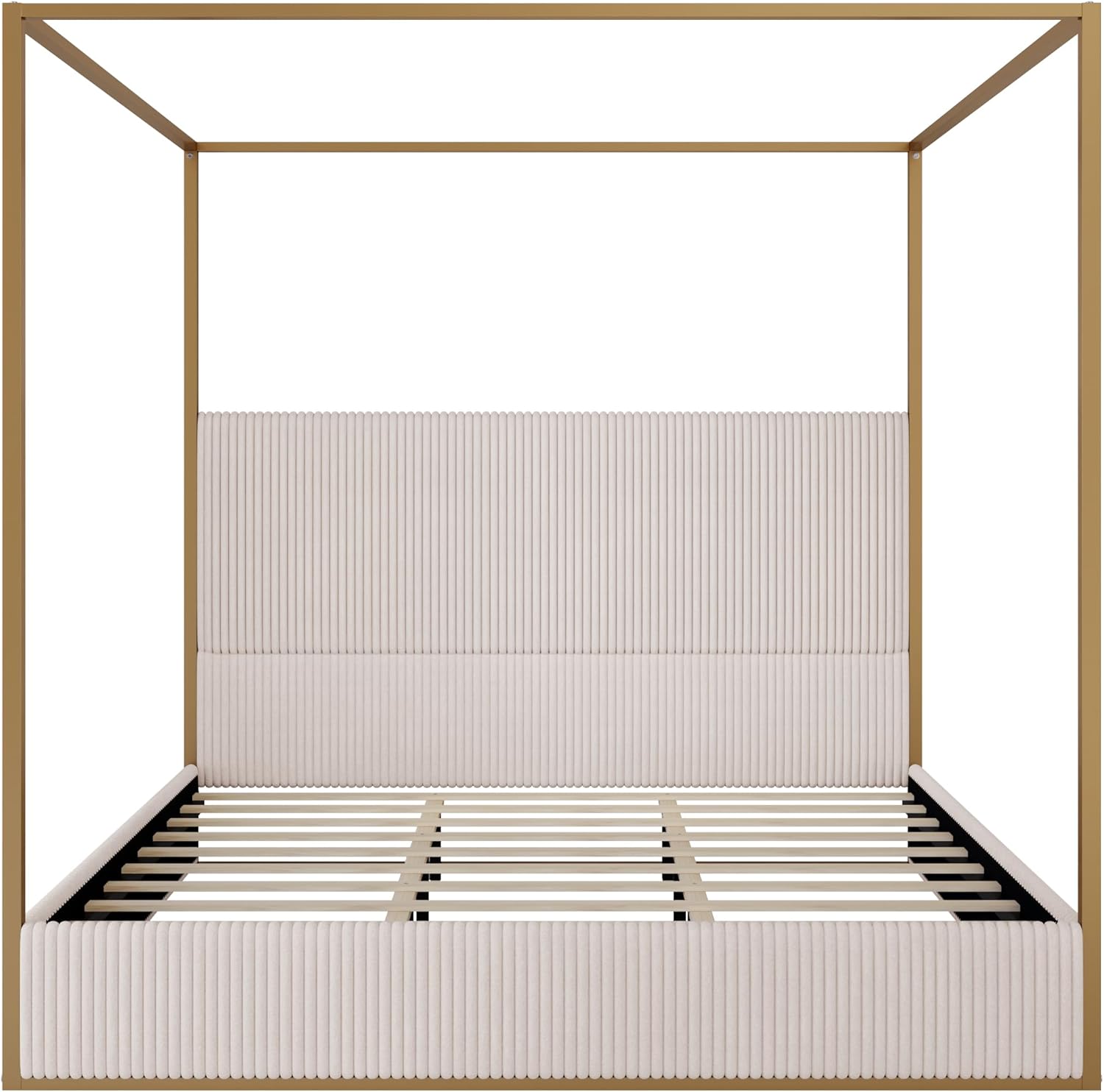 Merax Modern Luxury King Metal Canopy Bed with Tall Upholstered Headboard, Gold Four Poster Bed, No Box Spring Needed, Beige