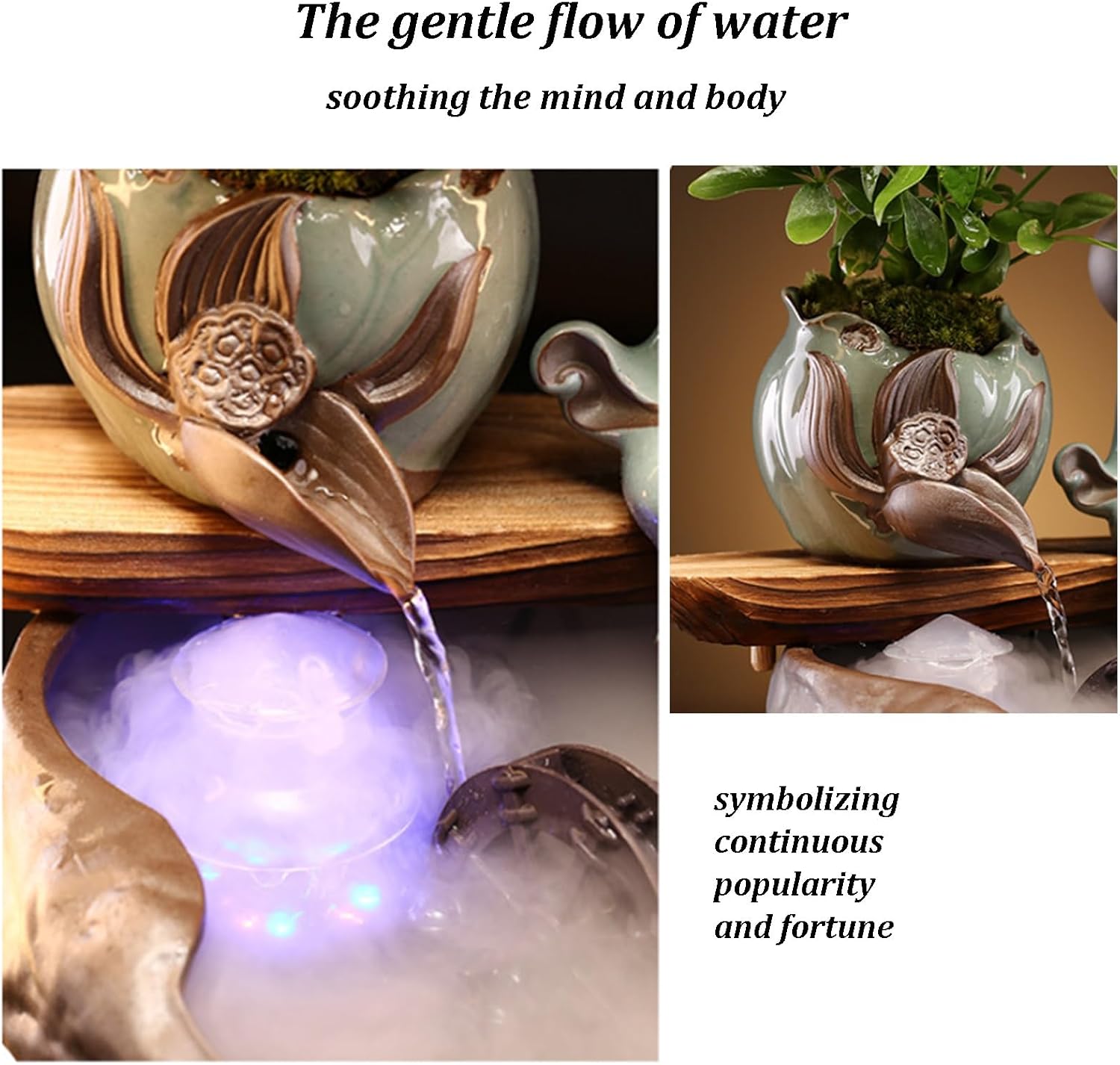 Tabletop Fountain with LED Light, Cwaterfall for Desk with Solid Wood Base & Water Storage Basin, Chinese Zen-Inspired Flowing Water Ornament for Office Living Room(G)