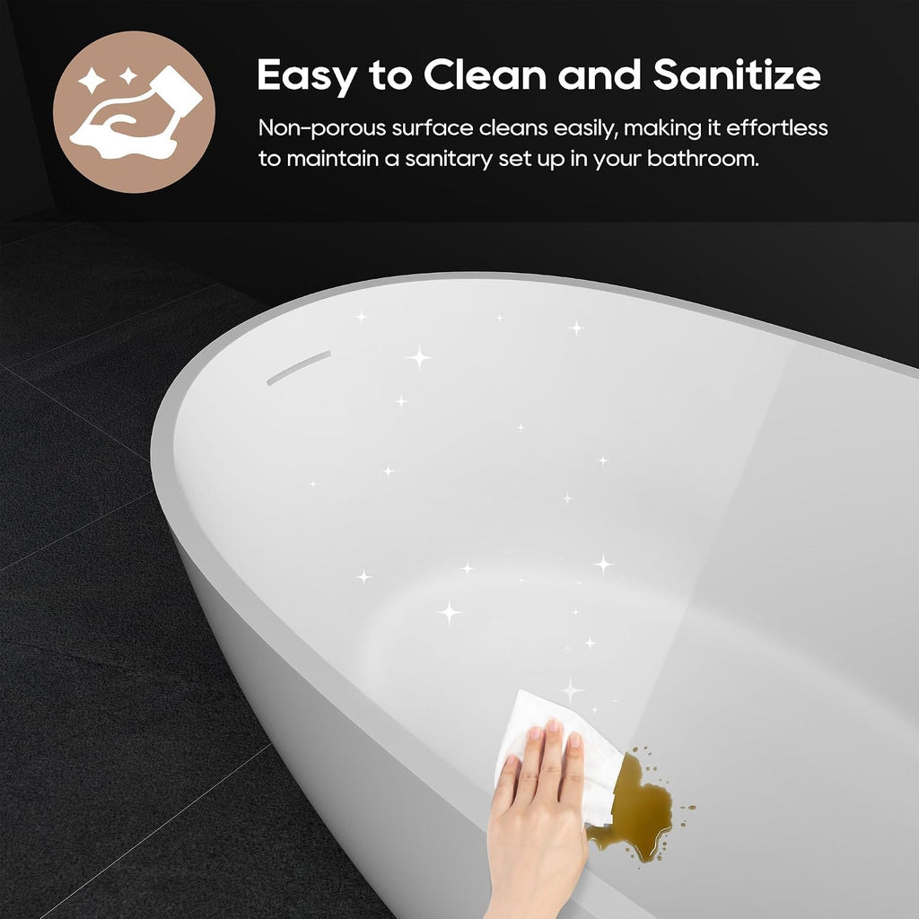 SJ STAR&JANE 51' Solid Surface Freestanding Bathtub, Stone Resin Oval Soaking Tub, Matte White，with Pop-up Drain & Overflow