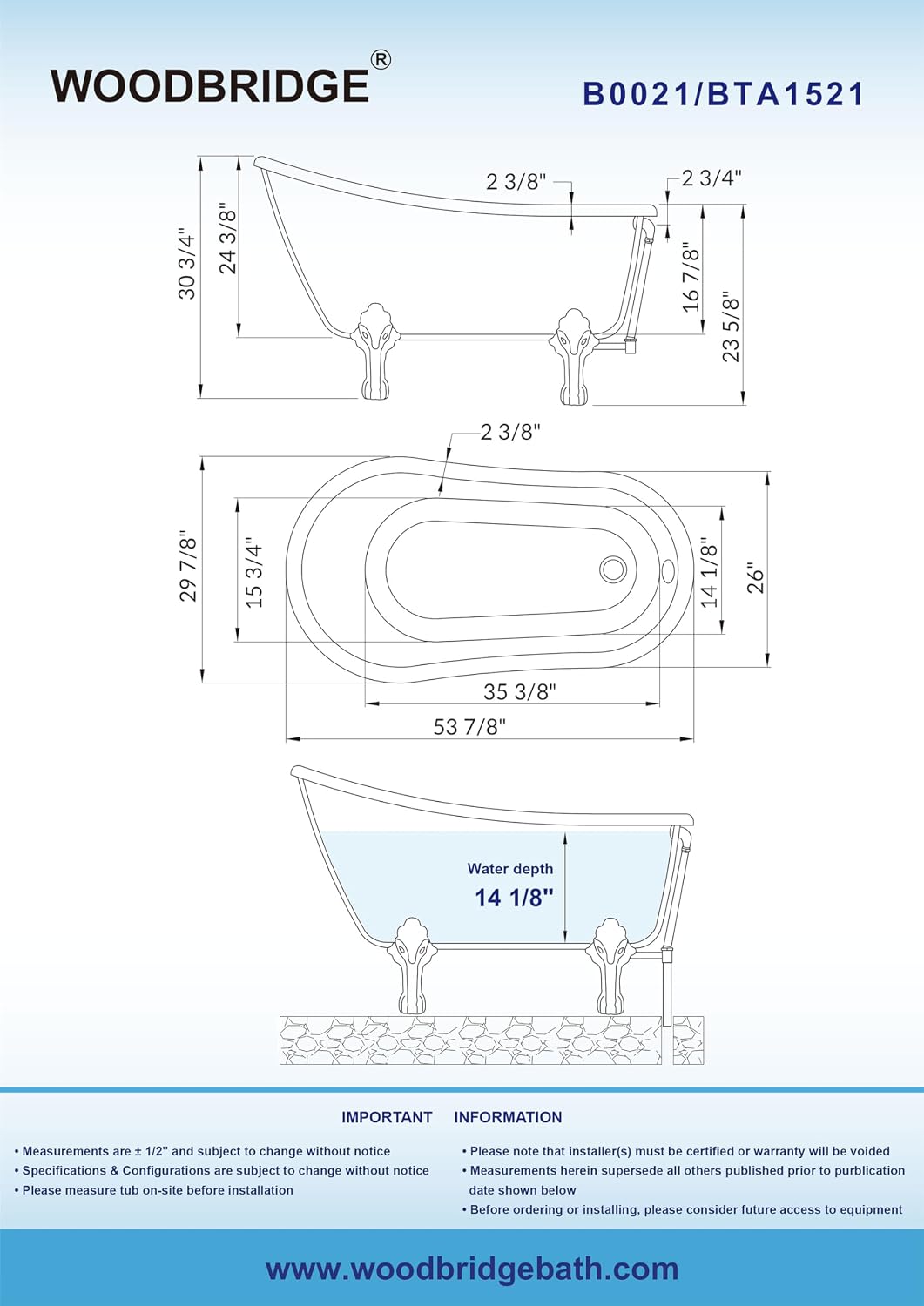 WOODBRIDGE 54' Heavy Duty Acrylic Slipper Clawfoot Bath Tub with Chrome Feet + Chrome Drain &Overflow