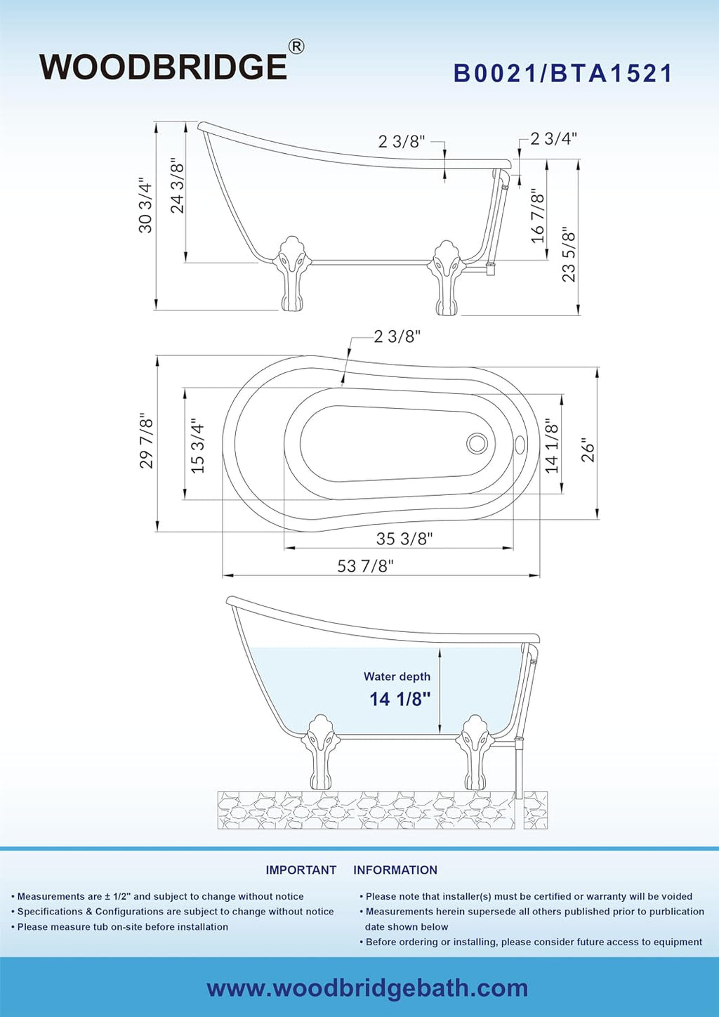 WOODBRIDGE 54' Heavy Duty Acrylic Slipper Clawfoot Bath Tub with Polished Gold Feet + Polished Gold Drain &Overflow