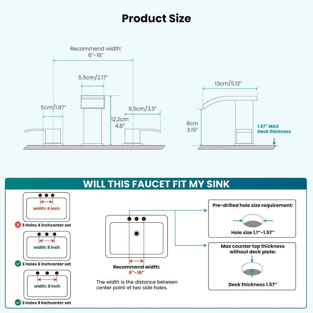 gotonovo Waterfall 8 inch Widespread Bathroom Faucet Set 3 Hole 2 Handle Deck Mount with gotonovo 2 Handles Tub Shower Faucet Set with 6 Modes Handheld Spray Shower System with Tub Spout Matte Black