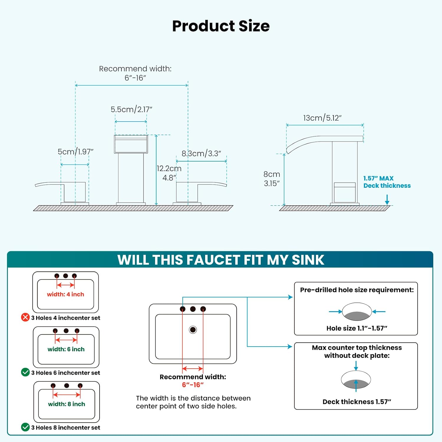 gotonovo Waterfall 8 inch Widespread Bathroom Faucet Set 3 Hole 2 Handle Deck Mount with gotonovo 2 Handles Tub Shower Faucet Set with 6 Modes Handheld Spray Shower System with Tub Spout Matte Black
