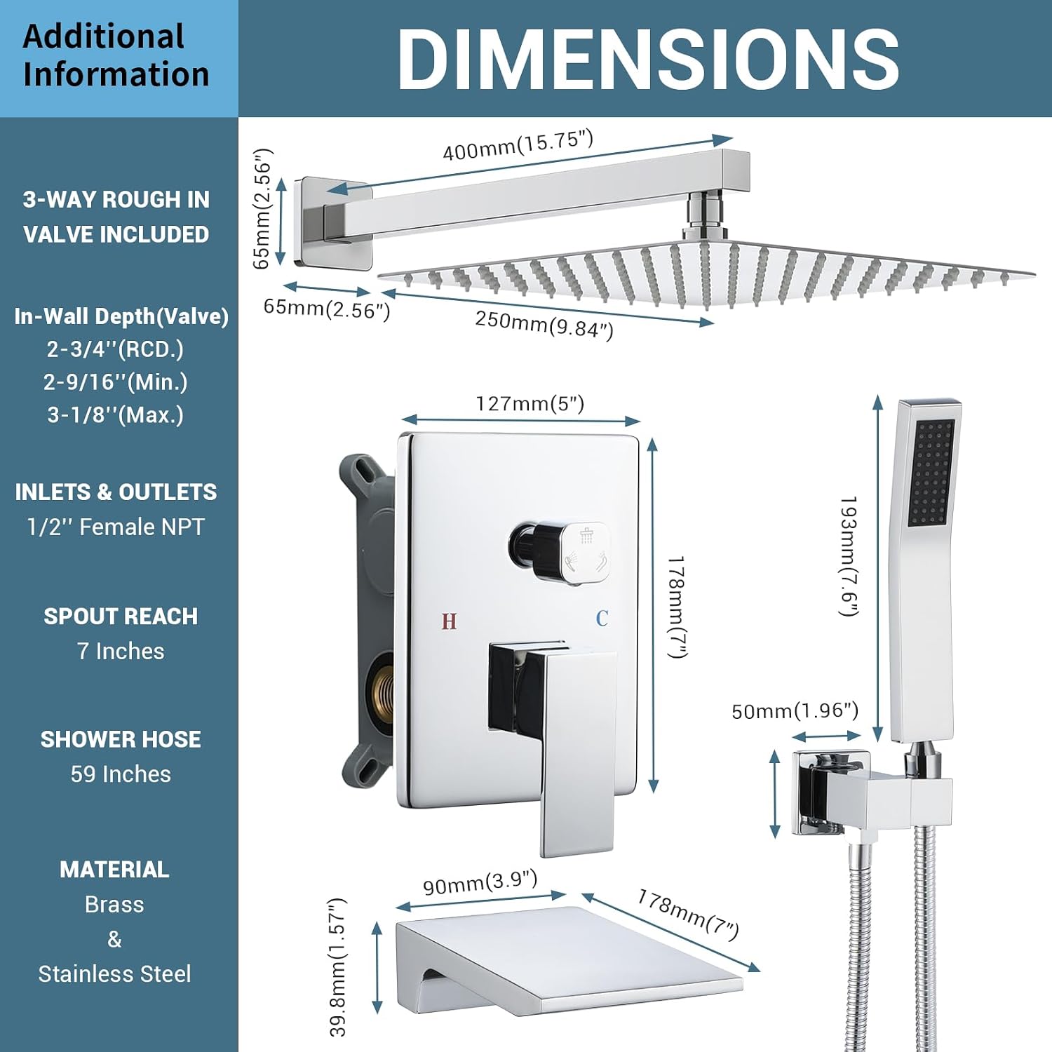 DASAN Tub Shower Faucets Sets Complete Bathtub Shower System with Waterfall Tub Spout, Chrome Bathtub Faucet Set Tub and Shower Faucet Combo Trim Kit with Valve, DA-SS04PC-S10W