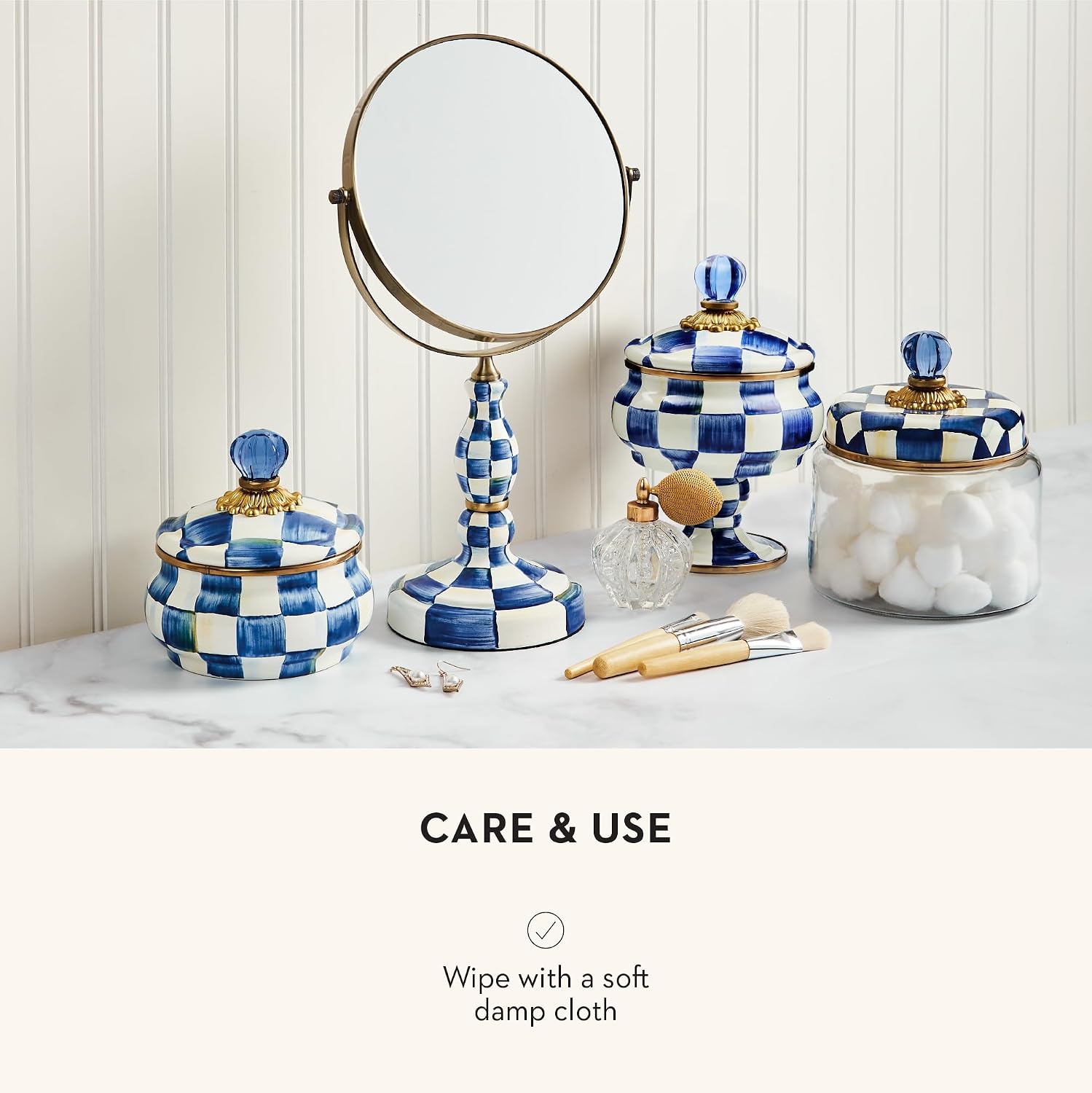 MACKENZIE-CHILDS Enamel Curiosity Pot, Decorative Container for Home Decor, Blue-and-White Royal Check