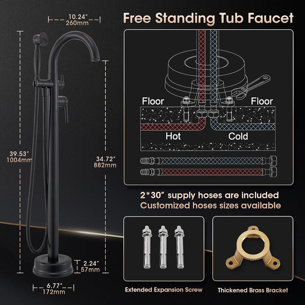 Freestanding Bathtub Faucet Matte Black Floor Mount Tub Faucets High Flow Max 6.6GPM/60PSI Vintage Hand Shower&Swivel Spout