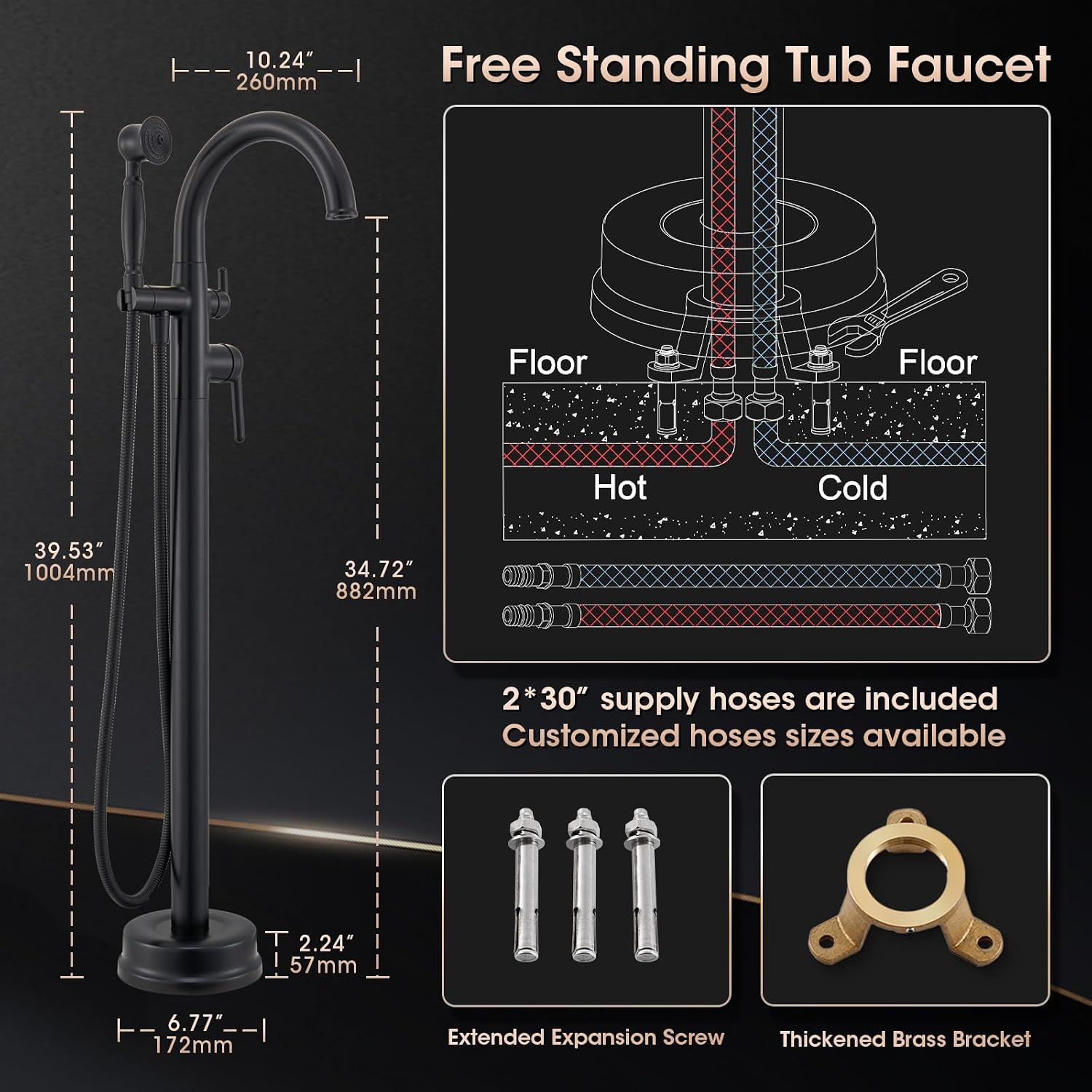 Freestanding Bathtub Faucet Matte Black Floor Mount Tub Faucets High Flow Max 6.6GPM/60PSI Vintage Hand Shower&Swivel Spout
