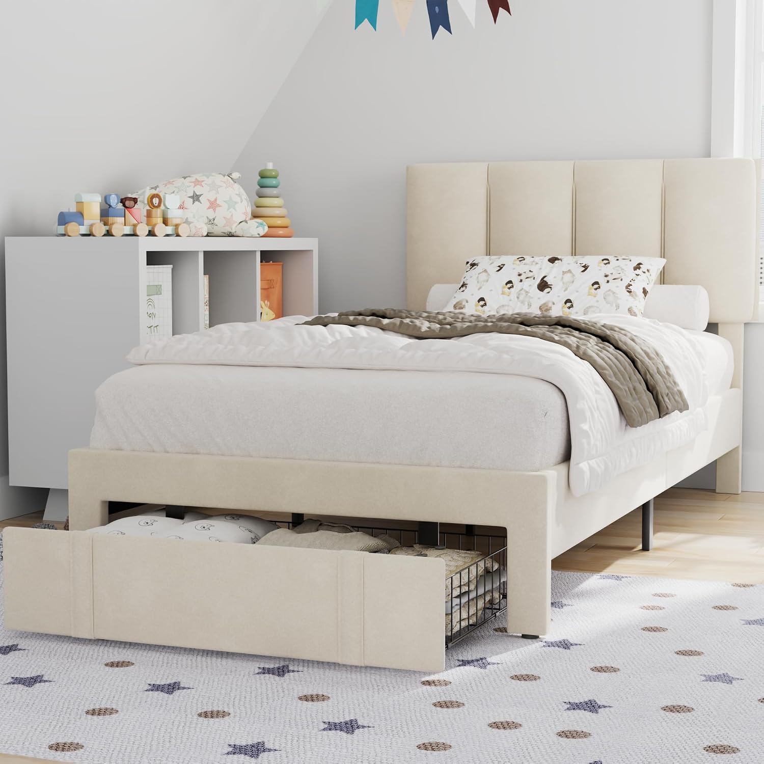 VECELO Twin Bed Frame with Storage Drawer, Heavy-Duty Platform Bedframe with Headboard & Strong Wooden Slats Support, No Boxing Spring Needed, Pala Beige
