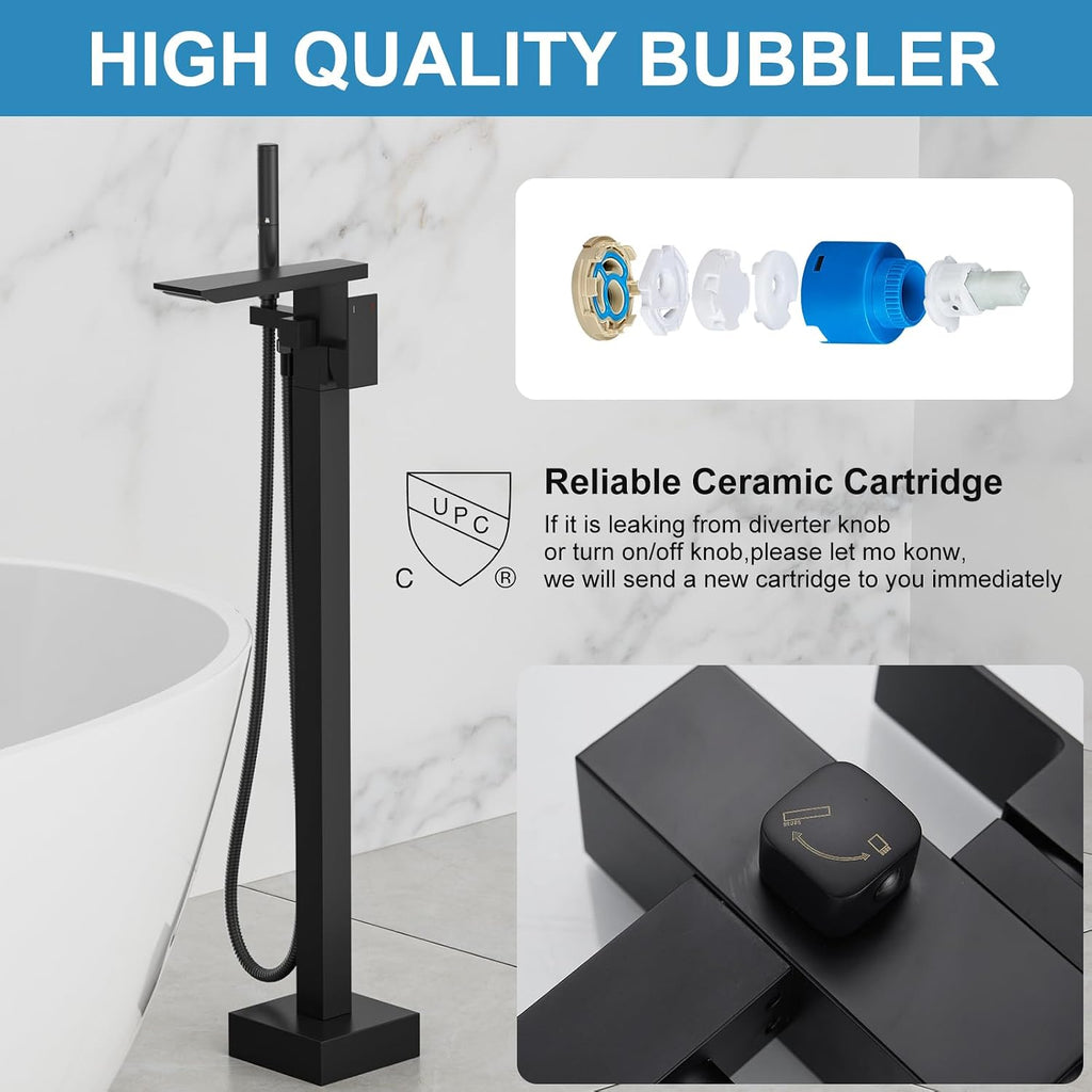 RUMOSE Matte Black Bathtub Filler Freestanding Tub Filler Floor Mount Tub Faucet Waterfall Free Standing Bathtub Faucet High Flow Brass Bath Shower Faucets with Handheld Sprayer