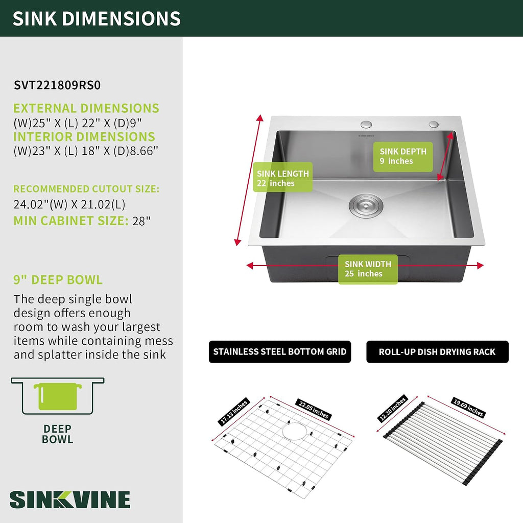 25-Inch Drop-In Kitchen Sink, SINKVINE 25' x 22' Stainless Steel Indoor and Outdoor Sink, Top Mount Large Deep Single Bowl Sink for Laundry Room, with Drain Strainer, Bottom Grid, Roll-up Drying Unit