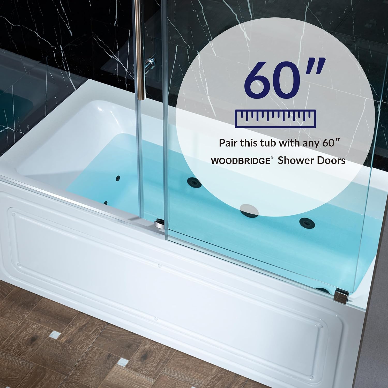 WOODBRIDGE 60' x 30' Alcove Acrylic Rectangular Whirlpool Heated Jetted Tub in White with right Drain, Matte Black Finish, BS666-R-MB02