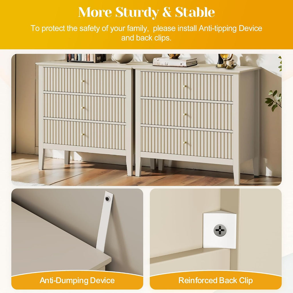 May in Color Large Beige Fluted 3 Drawer Dresser Set of 2, Chest of Drawers with Ball Bearing Slide Modern 30 inch Tall Wood Nightstand with Spacious Storage for Bedroom Hallway Living Room Entryway