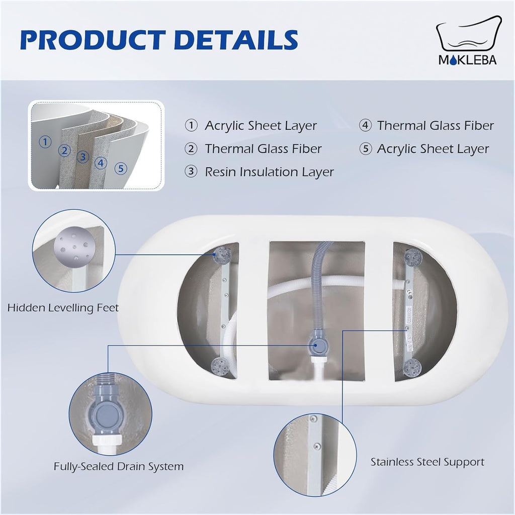 70' Acrylic Freestanding Bathtub, Double Ended Free Standing Tub, Soaking Tub with Integrated Slotted Overflow, Toe-Tap Chrome Drain, cUPC Certified, Glossy White