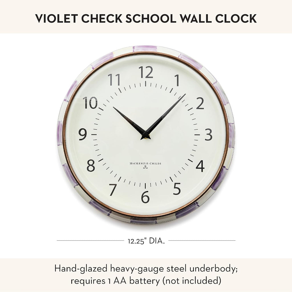 MACKENZIE-CHILDS Wall Clock, Decorative Enamel Clock for Kitchen and Living Room, Purple-and-White Violet Check