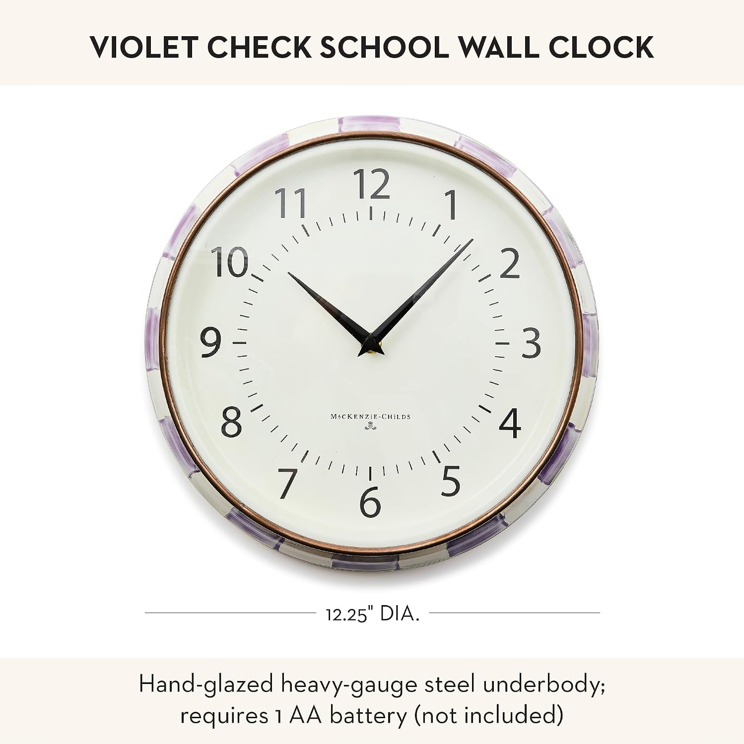 MACKENZIE-CHILDS Wall Clock, Decorative Enamel Clock for Kitchen and Living Room, Purple-and-White Violet Check