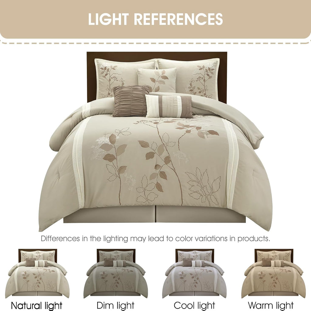 Grand Avenue Beige Comforter Set King Size, 7 Piece Embroidery Bedding Set, Pillow Sham, Bedskirt, Decorative Pillow, Floral Comforters, Home Decor