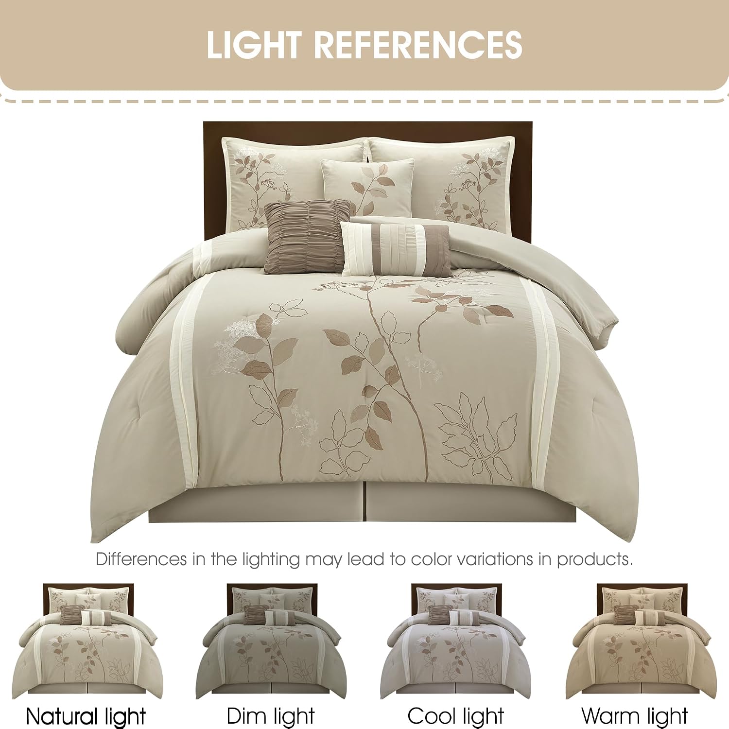 Grand Avenue Beige Comforter Set King Size, 7 Piece Embroidery Bedding Set, Pillow Sham, Bedskirt, Decorative Pillow, Floral Comforters, Home Decor