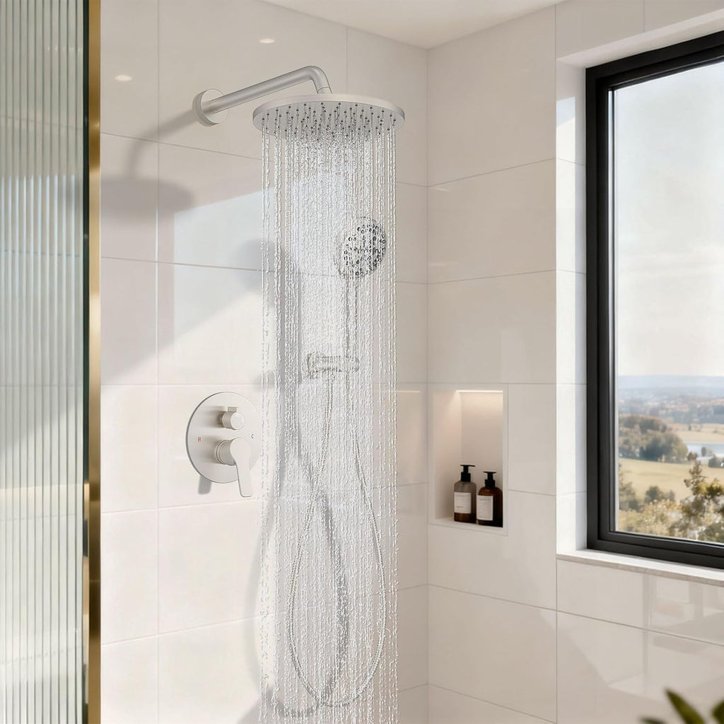 Iriber Brushed Nickel Round Rain Shower System Faucet Set，Bathroom Filtered Shower Head with Handheld, 9 Spray Mode Showerhead with Filters,Shower Valve Trim Kit Contain Cartridge,10 Inch