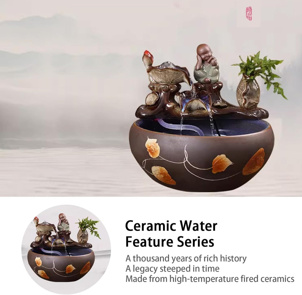 Tabletop Water Fountain, Mist Humidifier, Chinese Ceramic Desk Decor, Porcelain Indoor Feature for Living Room Office(E)